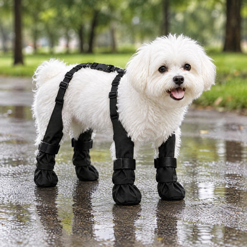 Maltés blanco con las botas impermeables con tirantes VirelPet en un parque mojado