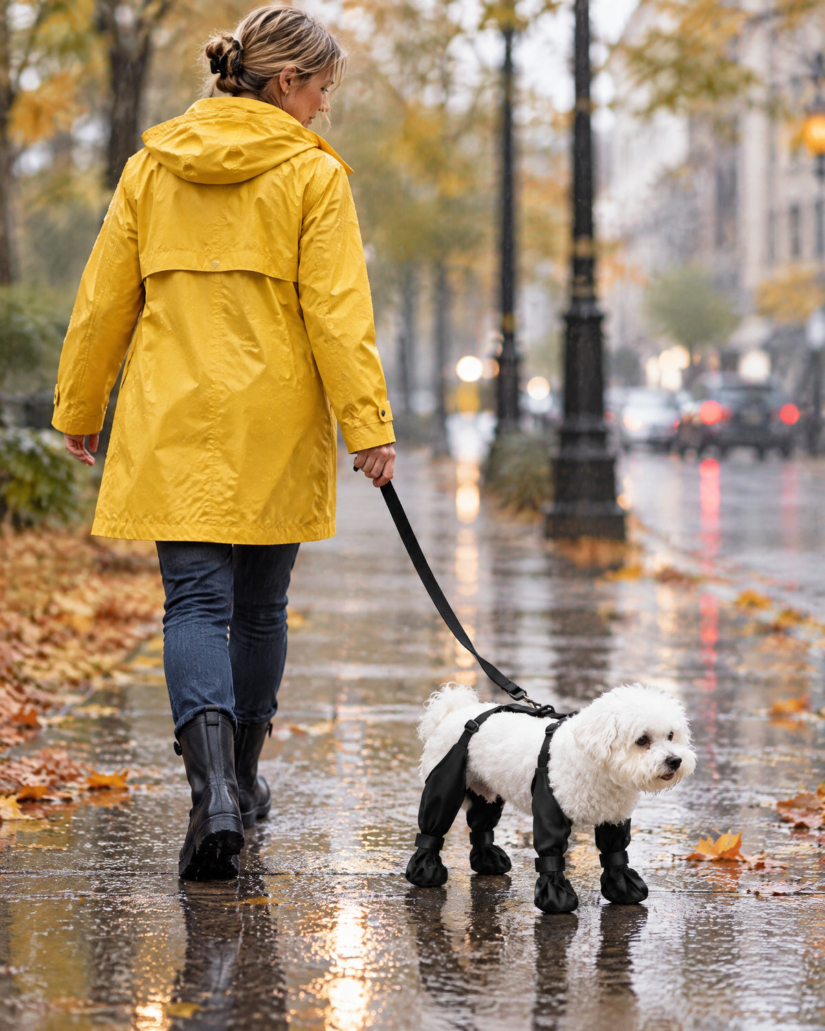 Mujer paseando al maltés con las botas VirelPet bajo la lluvia
