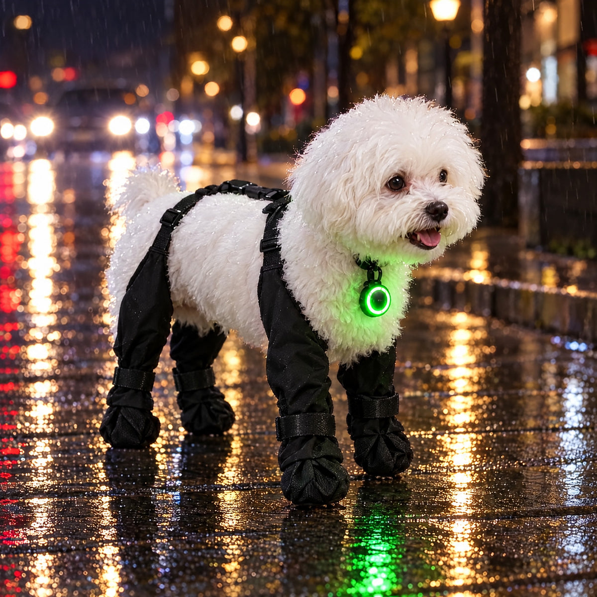 Maltés con las botas VirelPet y la luz LED de seguridad encendida en un paseo de noche con lluvia