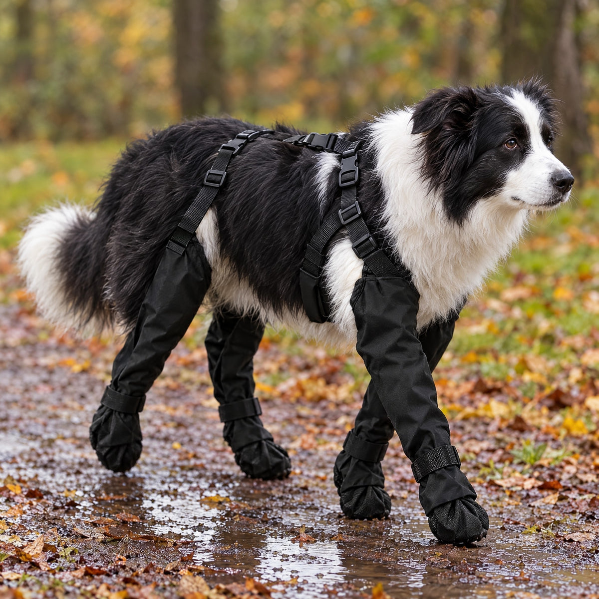 Border collie con las botas con tirantes VirelPet en un camino de barro y hojas
