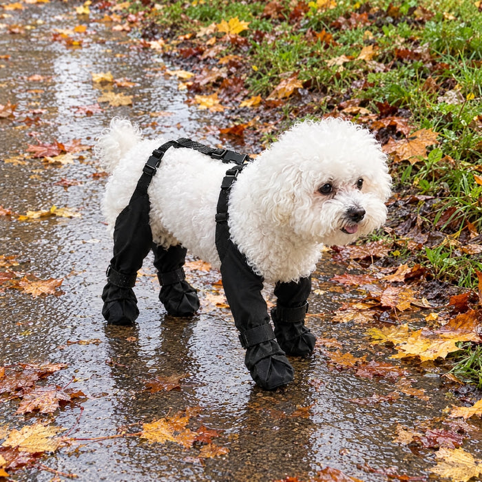 Caniche con las botas VirelPet en el parque mojado