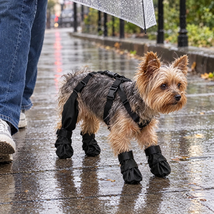Yorkshire con las botas VirelPet en la acera un día de lluvia