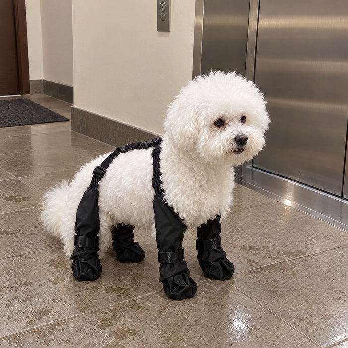 Bichón con las botas VirelPet en el portal, limpio tras el paseo