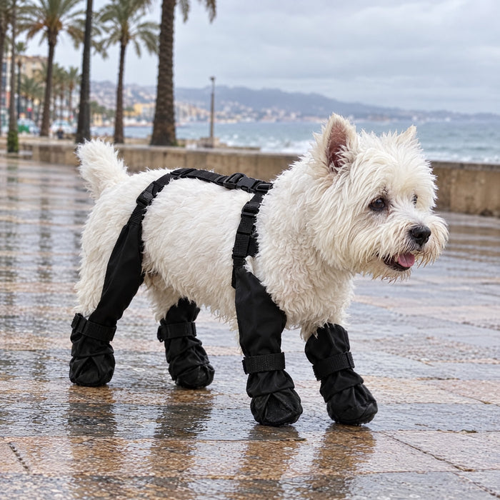 Westie con las botas VirelPet en el paseo marítimo