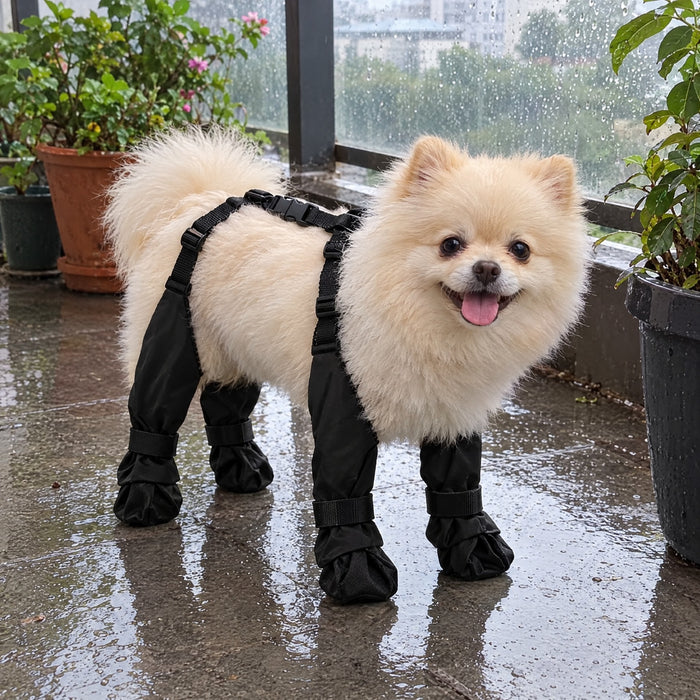 Pomerania con las botas VirelPet en el balcón